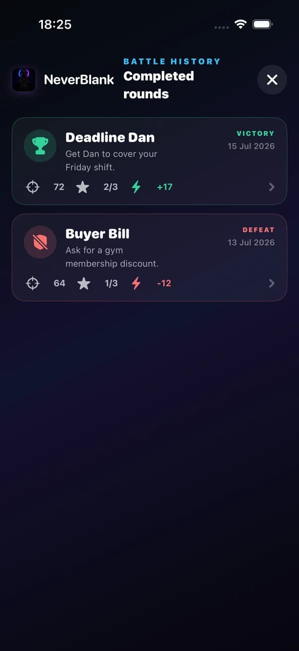 Battle history with completed rounds